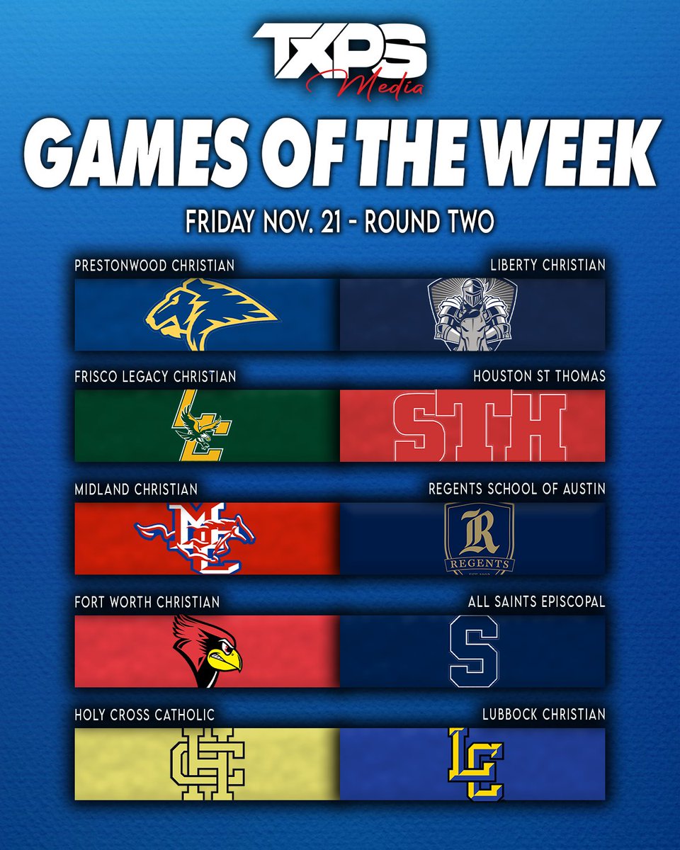 TXPSMedia's tweet image. The TXPS Media Games of the Week - TAPPS Playoffs Round 2

@PCAAthletics vs @LCS__Football 
@LCAFriscoFB vs @STHFootball 
@FWC_CardinalFB vs @PTFFootball 
@MCSMustangFB vs @RSA_Athletics 
@HolyCrossofSAFB vs @LCEagleFootball 

txpsmedia.com | #txhsfb