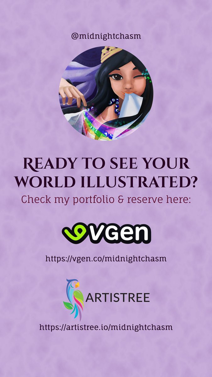 midnightchasm's tweet image. Ready to see your world illustrated?
Check my portfolio &amp;amp; reserve here:

🦋 Artistree - artistree.io/midnightchasm
🦋 Vgen - vgen.co/midnightchasm

All rates are in SGD
—let’s tell your story together.💫

===
#ArtCommissions #CustomArt #OpenForCommissions #vgenopen