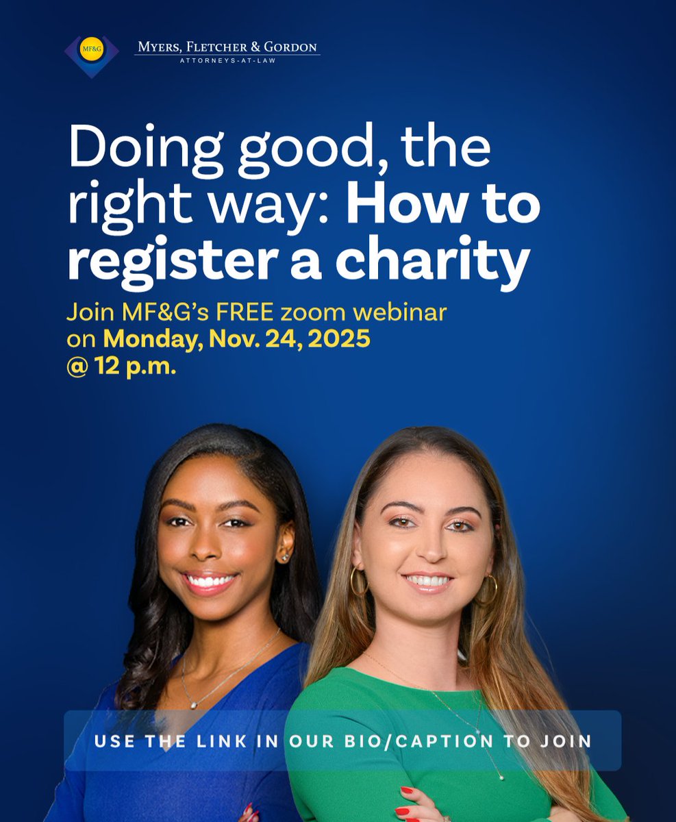MyersFletcherJA's tweet photo. Charitable organizations must be properly registered under the Charities Act in order to access certain tax exemptions and other provisions. Join MF&amp;G's free webinar on Nov 25, as we delve into the matter of establishing a charity the right way. 
https://t.co/EVAY7AM6Y3 https://t.co/hZsuRXnNrw