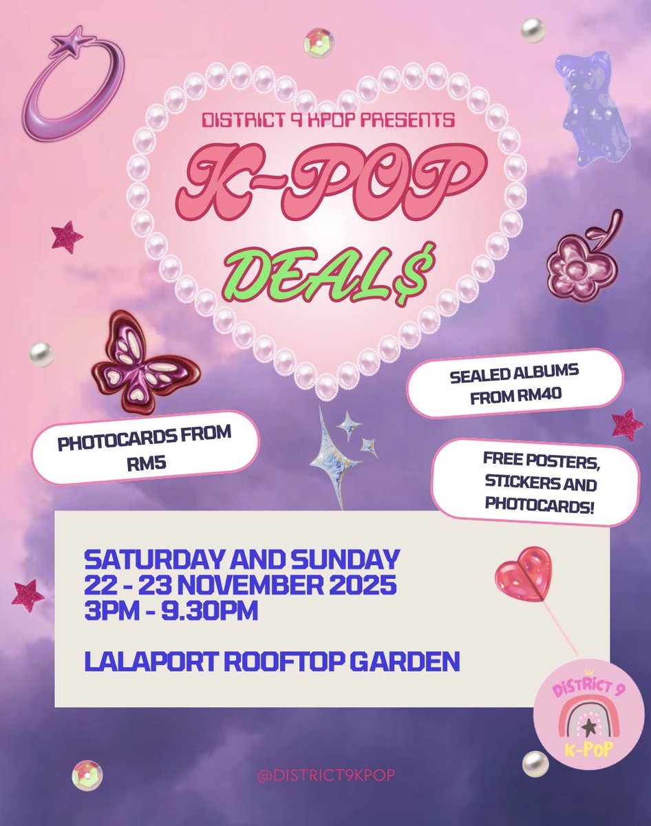 district9kpop's tweet photo. Here's the ALBUMS ON SALE AND PRICES for my upcoming booth.

Over 50 albums and 400 photocards for sale, and tons of freebies!
VISIT ME AT MY BOOTH THIS NOVEMBER!

WHEN: saturday and sunday
22 - 23 november 2025
3pm - 9.30pm

WHERE: lalaport rooftop garden

#pasarkpop https://t.co/EXEUiu4Qpl