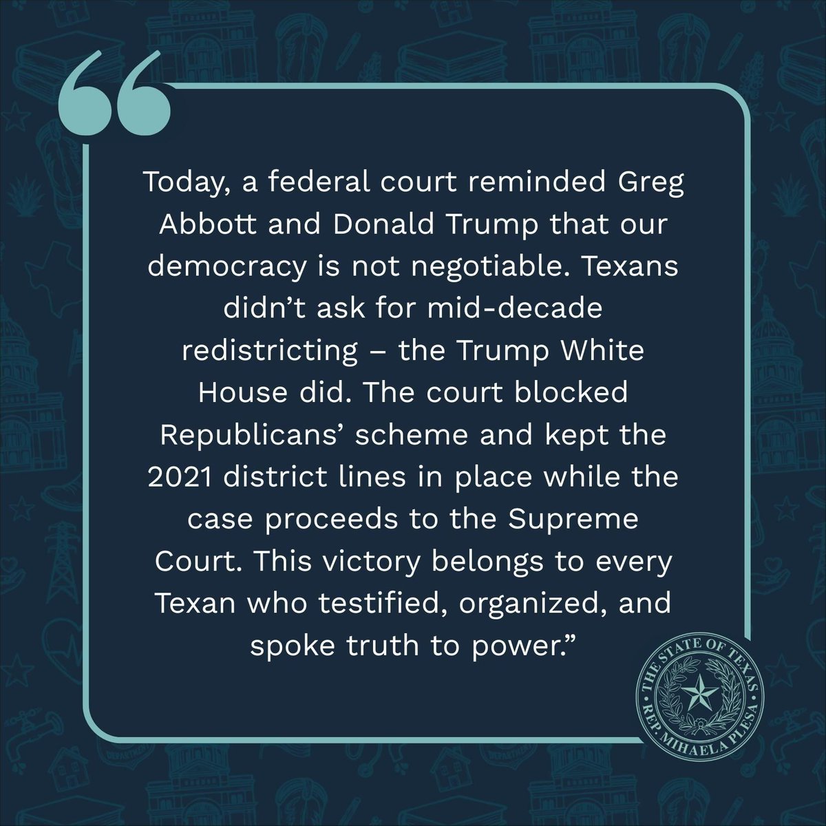 plesafortexas's tweet image. 📢 BIG VOTING RIGHTS UPDATE

Today, a federal court blocked Texas from using the new, racially gerrymandered congressional map in the 2026 midterms and ordered the state to keep the 2021 district lines in place while the case goes to the Supreme Court.

Texans didn’t ask for…