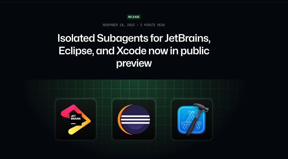 jialuogan's tweet image. 🚀 Isolated Subagents are now in public preview for Xcode!
Delegate focused tasks to copilots—research, design APIs, review code—without cluttering your main chat. You can also enjoy this support in JetBrains, Eclipse!👉  github.blog/changelog/2025…
#GitHubCopilot #AI #DevTools