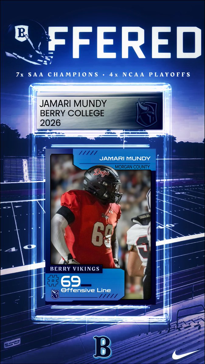 After a great conversation with <a href="/BCCoachK/">Tony Kunczewski</a> , I’m blessed to receive an offer from Berry Football. <a href="/MorganCounty_FB/">Morgan County Football</a> <a href="/MocoRecruiting/">Morgan County Football Recruiting</a>