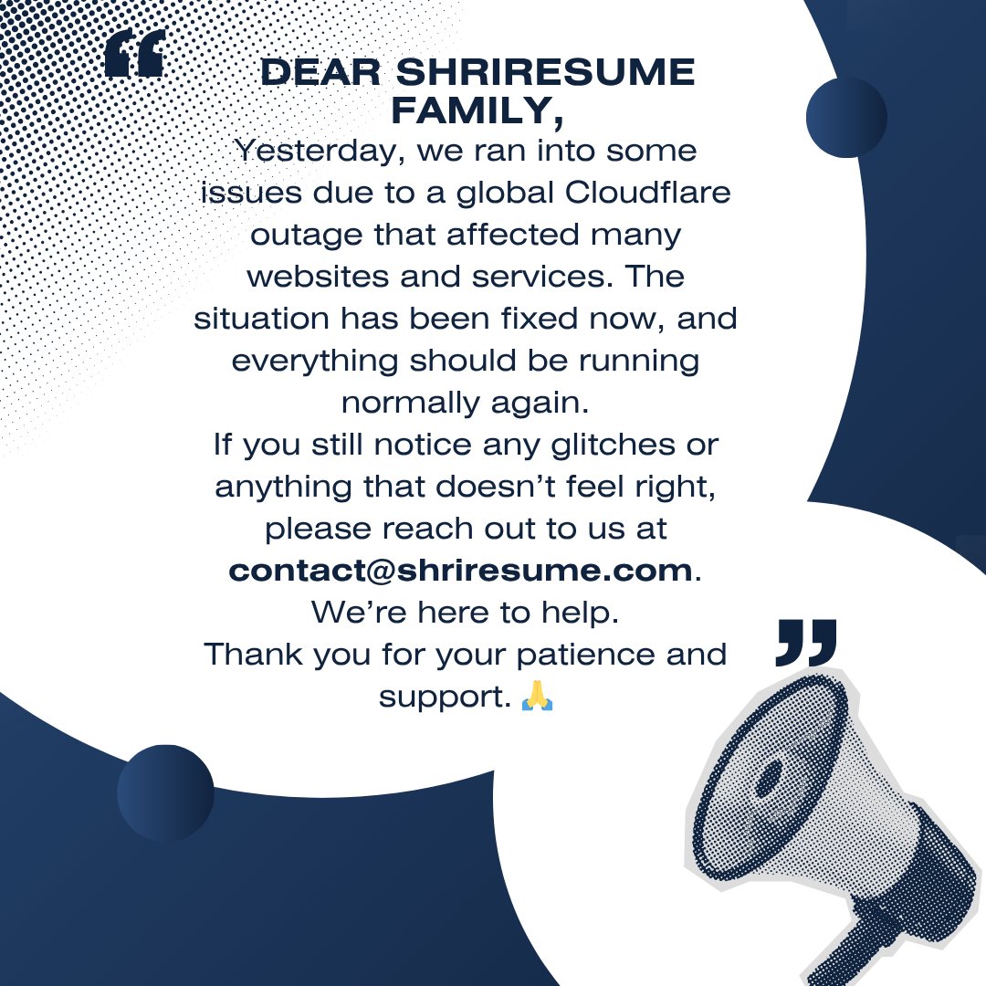 shriresume's tweet photo. Back on track after yesterday’s outage. Found an issue? Drop us a message https://t.co/uGZXoPaj0E