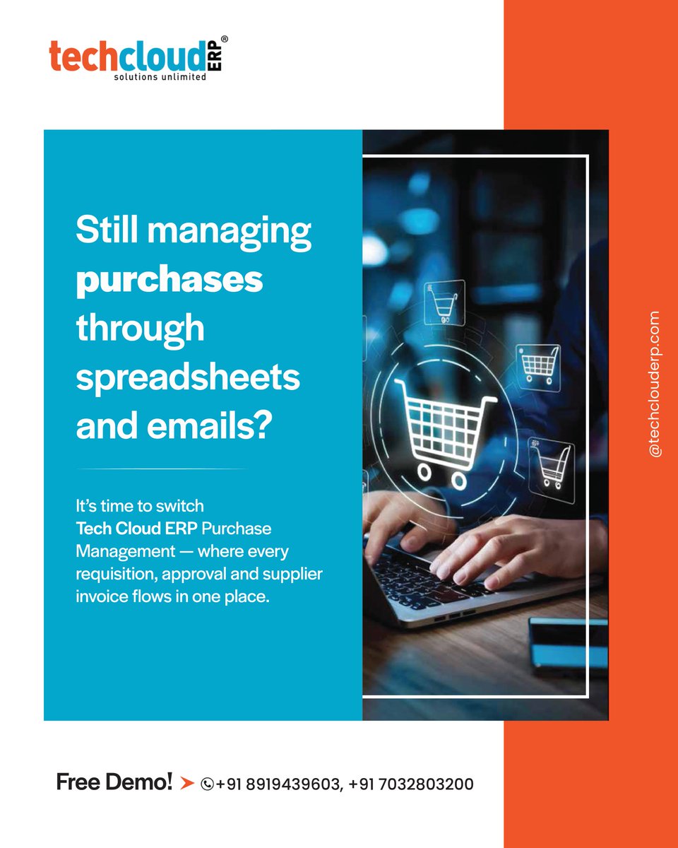 TechCloudERP's tweet photo. Still managing purchases manually? 📄✉️

#techclouderp #No1ERP #PurchaseManagement #SmartPurchasing #ManualToDigital #ERPsolutions #Purchase #BusinessGrowth #CloudSolutions #Chennai #coimbatore #viralpost #trending #hyd #socialmedia #GlobalERP #india #worldwide #UAE #USA #xpost https://t.co/4dUS7yQxoQ