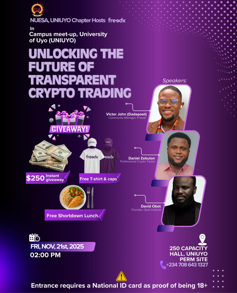 If you're a student of Uniuyo or stay around Uyo, I've got exciting Announcement for You...

Something truly BIG is about to land on campus, and trust me you won't want to miss it! 
Get ready for a transformative experience at the FREEDX x NUESA UNIUYO Crypto Meetup.. 

There'll