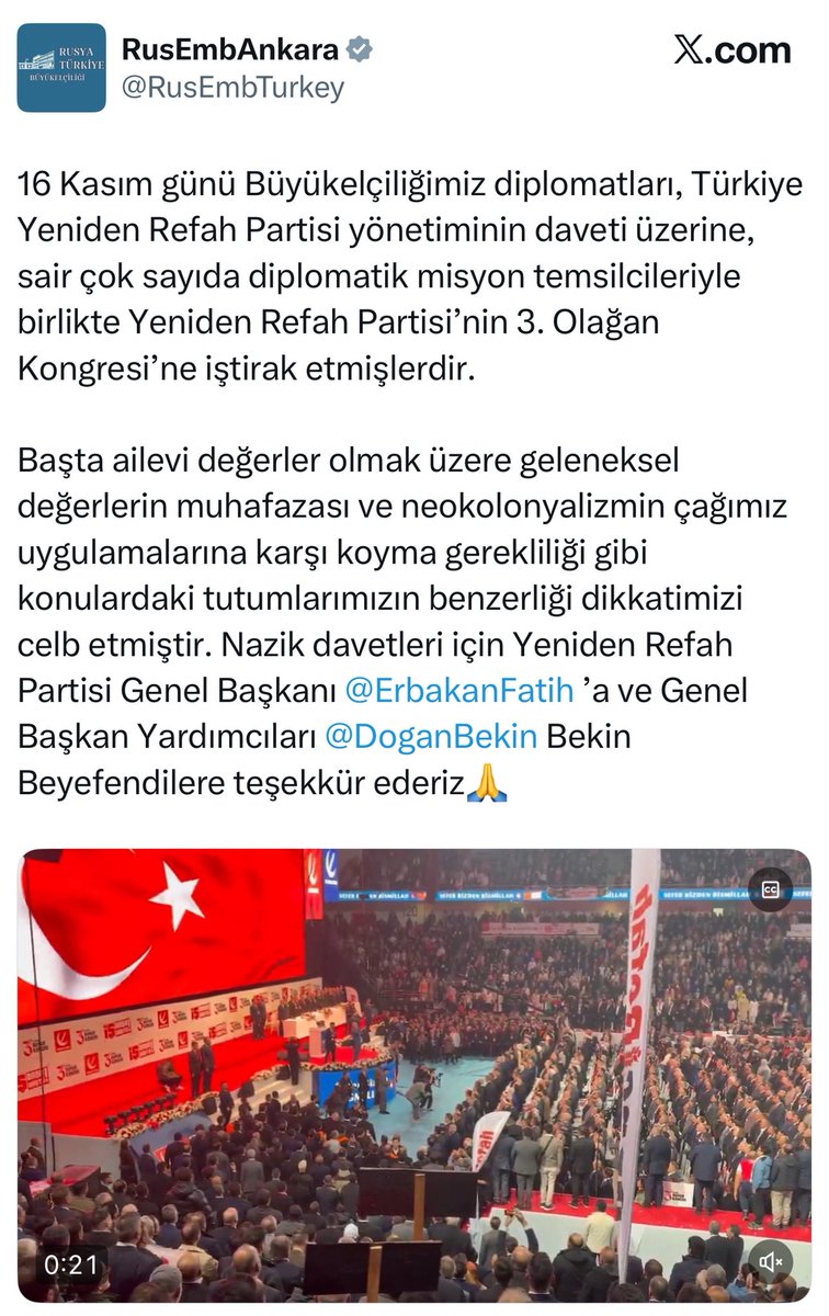 Rusya Büyükelçiliği, LGBTİ+ düşmanlığında Yeniden Refah'ı destekliyor. Acaba maddi bir destek de söz konusu mu? Merak ettim... Malum, LGBTİ+ düşmanlığını fonlayan fonlayana...