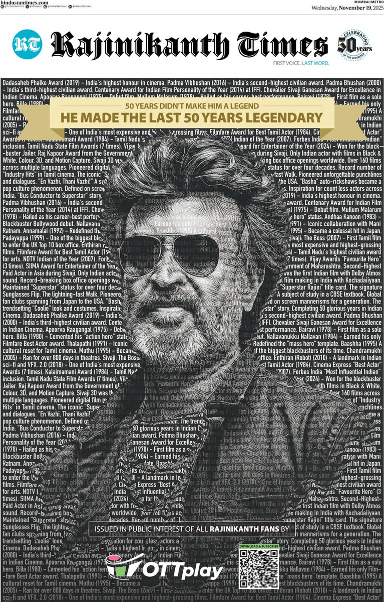 NewsNowNation's tweet image. The prestigious Hindustan times is turning into RAJINIKANT times for a day ! Only thalaiva can pull this off. 🔥🔥

#RajinikanthTimes