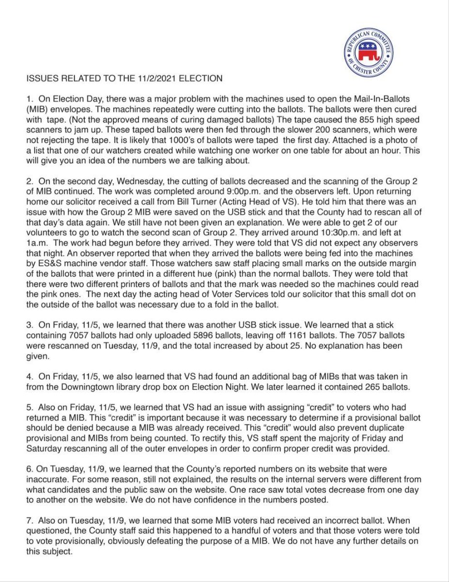 DataVolunteer's tweet photo. 🚨Chester County needs an in-depth investigation.  It is important to study their history when thinking about what just happened this recent election, where 75,000 third party voters were left off the initial poll books. 

Some examples of issues: 

In the 2025 Primary Election, the Prothonotary race was somehow mistakenly left off the ballot: https://t.co/c1GDzZLwsA

In early 2025, this important presentation was made to the Board of Elections regarding Chester County Voter Services Staff members ringing the alarm bells:
https://t.co/0nFdgGn1kR

In the 2024 Presidential Election, a pattern suspicious for vote flipping was found throughout the majority of precincts in the in-person and mail-in votes: 
https://t.co/hrJoB3zBDF
https://t.co/BU9wLHD27g

In the 2022 General Election, the two Democrat Commissioners/majority Board of Elections certified the election while recount petitions were pending.  Election law expressly states that boards of elections may not certify while recount petitions are pending.
The board certified the election despite Commissioner Michelle Kichline’s vehement dissent out of concern that it would be a violation of election law. https://t.co/yssoyKhMeJ

In the 2021 General Election numerous serious election issues caused the Republican Committee of Chester County to request a full forensic audit.  See the attached photo of the serious issues:

In 2020, a pattern suspicious for vote flipping occurred in the in-person and mail in ballot votes in the majority of precincts in Chester County: 
https://t.co/4jf6hnJOFn
https://t.co/IFRrugi5Bg