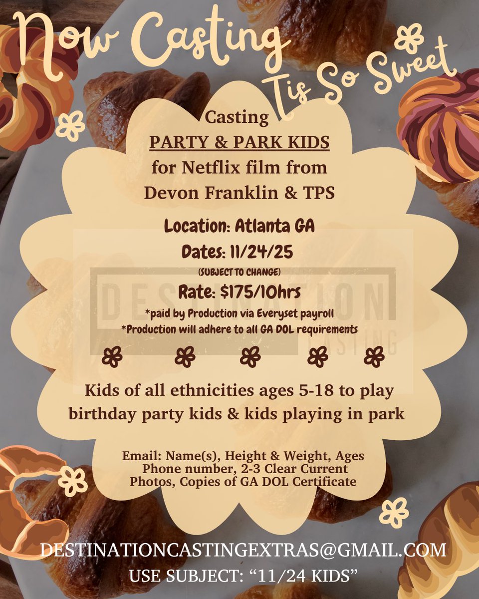 CastDestination's tweet image. Now Casting Tis So Sweet
ASIAN KIDS
for new feature film for Netflix 
Email: Name, Height + Weight, Age, Phone, Copy of GA DOL Cert, 2 clear current snap shots

DESTINATIONCASTINGEXTRAS@GMAIL.COM
USE SUBJECT: “ASIAN KIDS” #DestinationCasting