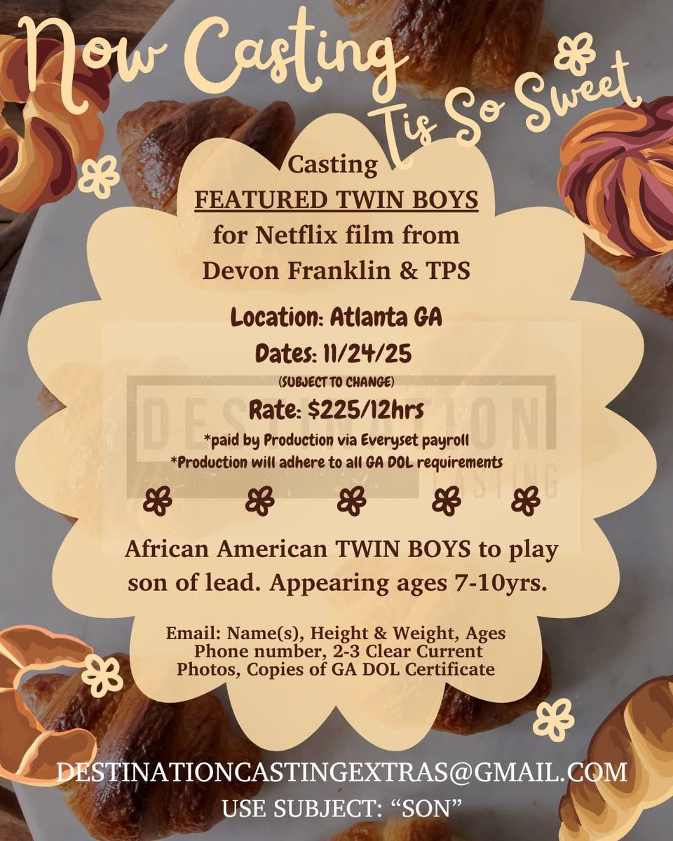 CastDestination's tweet image. Now Casting Tis So Sweet
ASIAN KIDS
for new feature film for Netflix 
Email: Name, Height + Weight, Age, Phone, Copy of GA DOL Cert, 2 clear current snap shots

DESTINATIONCASTINGEXTRAS@GMAIL.COM
USE SUBJECT: “ASIAN KIDS” #DestinationCasting