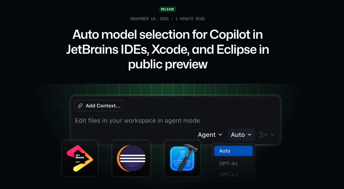 jialuogan's tweet image. ⚡ Auto Model Selection is now in public preview for GitHub Copilot in JetBrains IDEs, Xcode, and Eclipse!
Choose Auto in Copilot Chat and let Copilot pick the best model for you!🚀
Learn more:  github.blog/changelog/2025…
#GitHubCopilot #AI #DevTools #ignite
