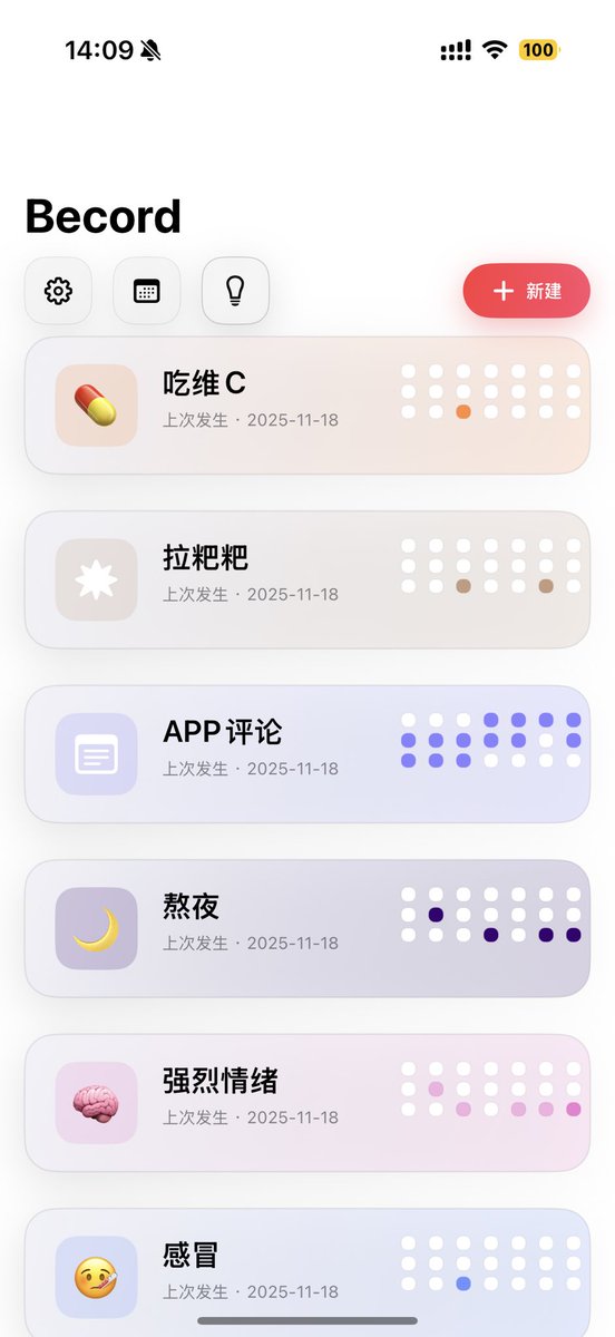 Becord 時隔一年更新了，我優化了UI，加入了AI能力，這個很有意思，比如你記錄了拉屎，熬夜，喝酒，吃維C這幾個事情的發生，那麼模型可能會提示你：‘之前一熬夜喝酒就不拉屎，你這幾天又開始熬夜了，千萬別喝酒了’

生活中大事小事的發生，規