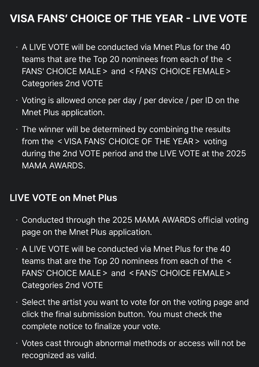 Enhagyy's tweet image. ⏰ ONLY 9 DAYS LEFT UNTIL MAMA LIVE VOTING‼️‼️

The Visa Fans’ Choice of the Year (Daesang) live voting will open during the MAMA Awards broadcast on November 28 and will count for 10% of the final criteria. Join VTs if possible and prepare more Mnet accounts and devices to vote.