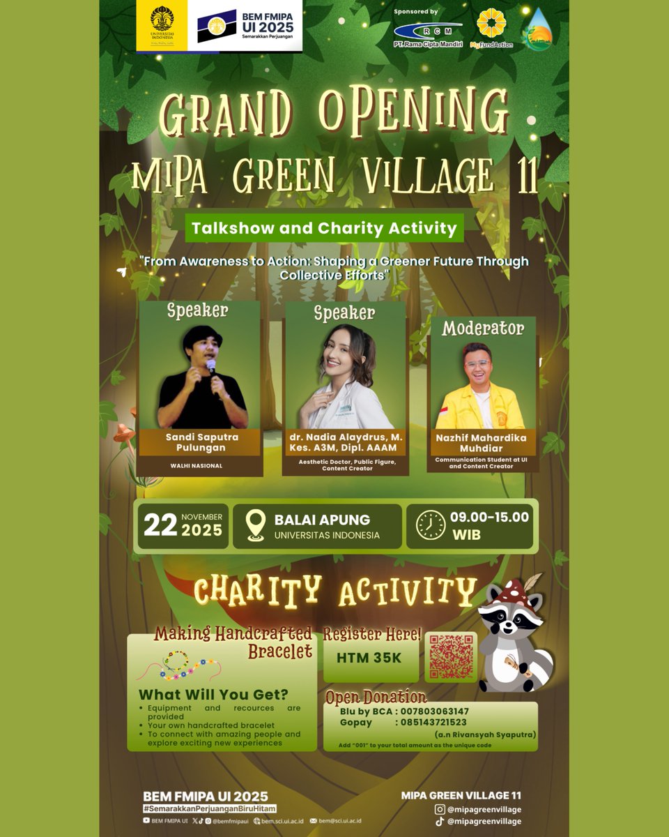 ui_event's tweet image. GRAND OPENING MGV 11!
Talkshow &amp;amp; Charity bertema “From Awareness to Action”.
📅 Sabtu, 22 Nov 2025
⏰ 09.00 WIB–selesai
📍 Balai Apung UI
Daftar: bit.ly/RSVPGrandOpeni…
Yuk merapat &amp;amp; ramaikan!
IG/TikTok: @mipagreenvillage | LinkedIn: MIPA Green Village