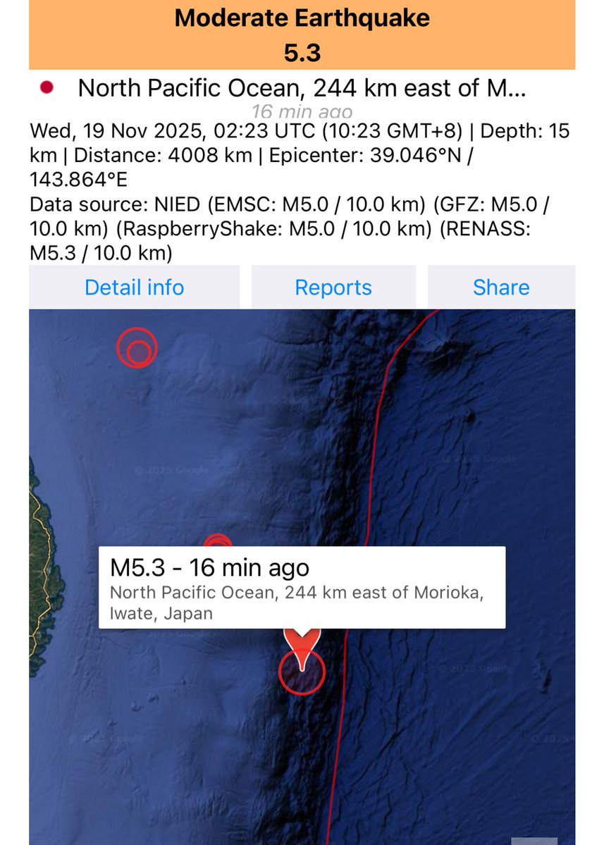 AstroFluxLab's tweet image. M5.3 #Earthquake in North Pacific Ocean off Japan.

A moderate M5.3 tremor occurred 16 mins ago at 15 km depth, east of #Morioka. This event reflects ongoing tectonic activity along the #Japan Trench. #Earthquake #Japan #SeismicUpdate