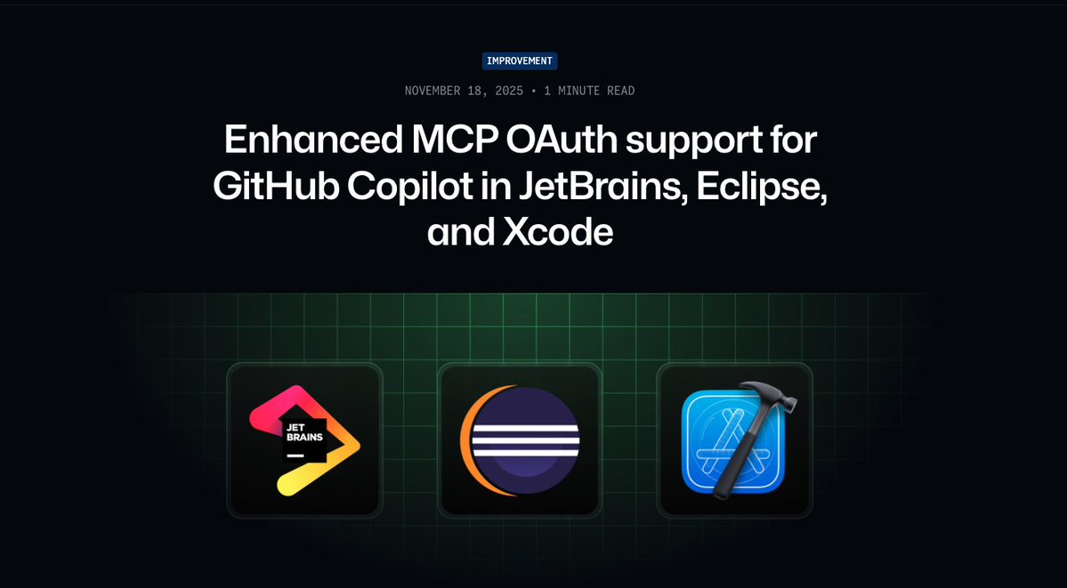 jialuogan's tweet image. 🔐 Enhanced MCP OAuth support for GitHub Copilot is now in public preview for JetBrains, Eclipse, and Xcode!
Enjoy smoother more third-party OAuth providers support for your Copilot experience.
Get Excited: github.blog/changelog/2025…
#GitHubCopilot #AI #DevTools #ignite