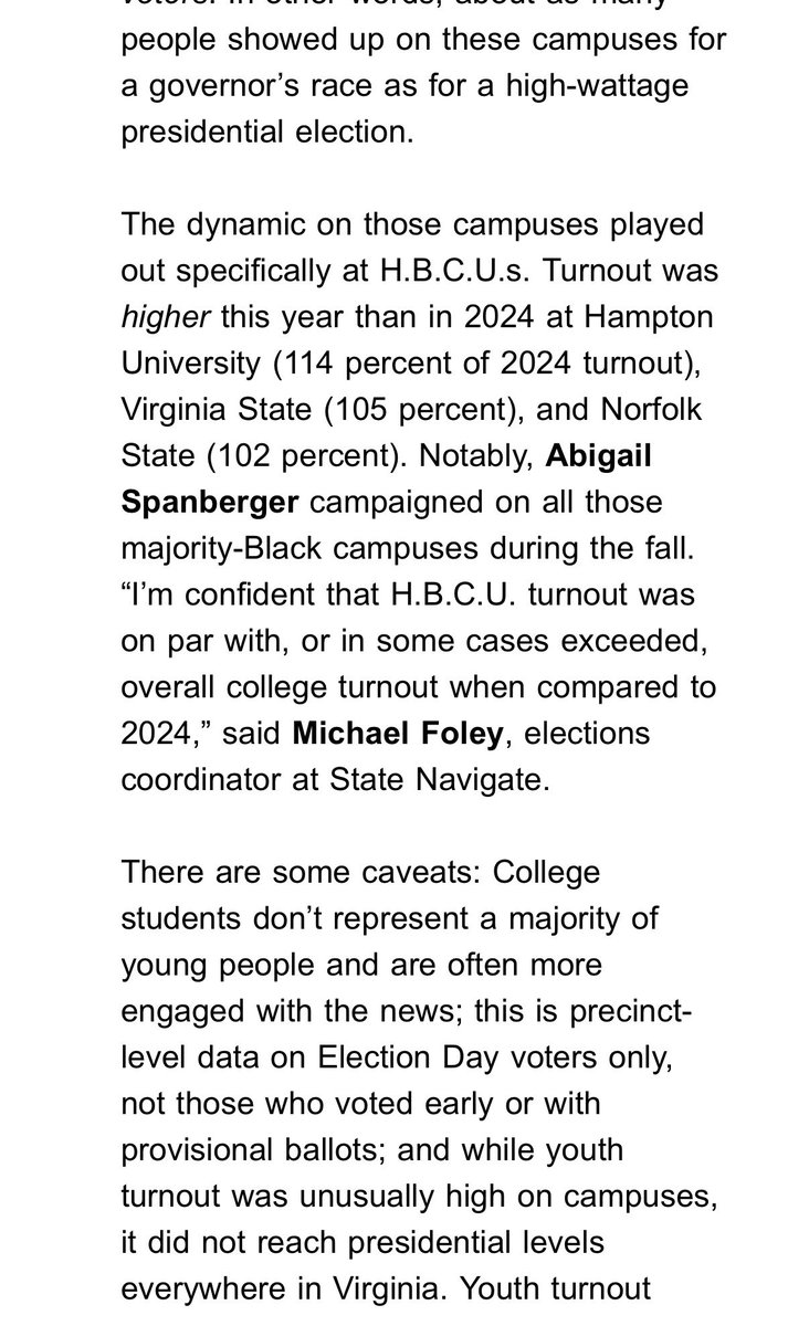 PeterHamby's tweet image. Also in my newsletter tonight for @PuckNews: New data from Virginia showing that turnout on college campuses — including at HBCUs — was insanely high for a Gov race. Surpassing 2024 presidential turnout in some cases.
