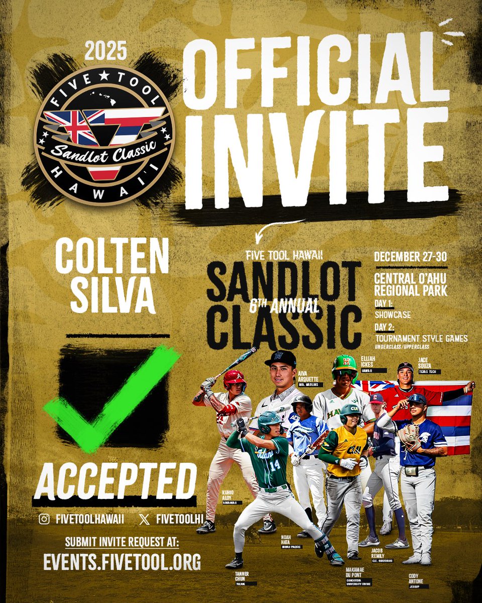 Grateful for this opportunity and can’t wait to compete with the best in the state! 
Thank you <a href="/ClassicHawaii/">Hawaii Sandlot Classic</a> <a href="/FiveToolHI/">Five Tool Hawaii</a>