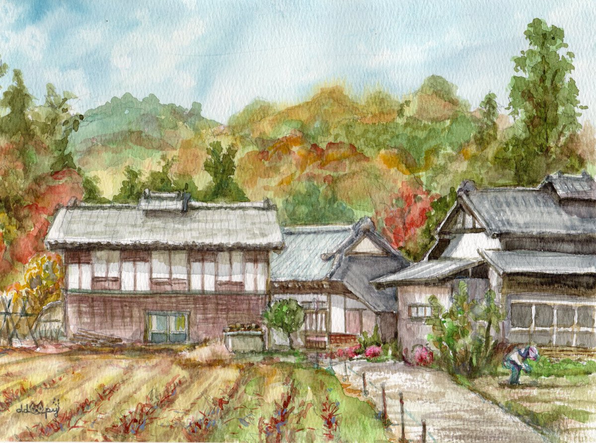 「蕎麦の刈り取りを終えた里」
常陸秋そばで有名になった実家近くでスケッチをしました！
この風景を見ると秋になったなあと懐かしく思います。