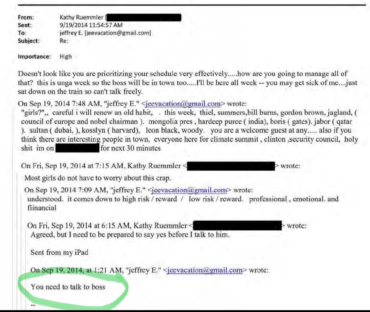 Real_RobN's tweet image. Here it is: 

Kathy Ruemmler To Epstein: 

“Doesn&apos;t look like you are prioritizing your schedule very effectively....how are you going to manage all of that? this is unga week so the boss will be in town too.....I&apos;ll be here all week -- you may get sick of me....just sat down on…