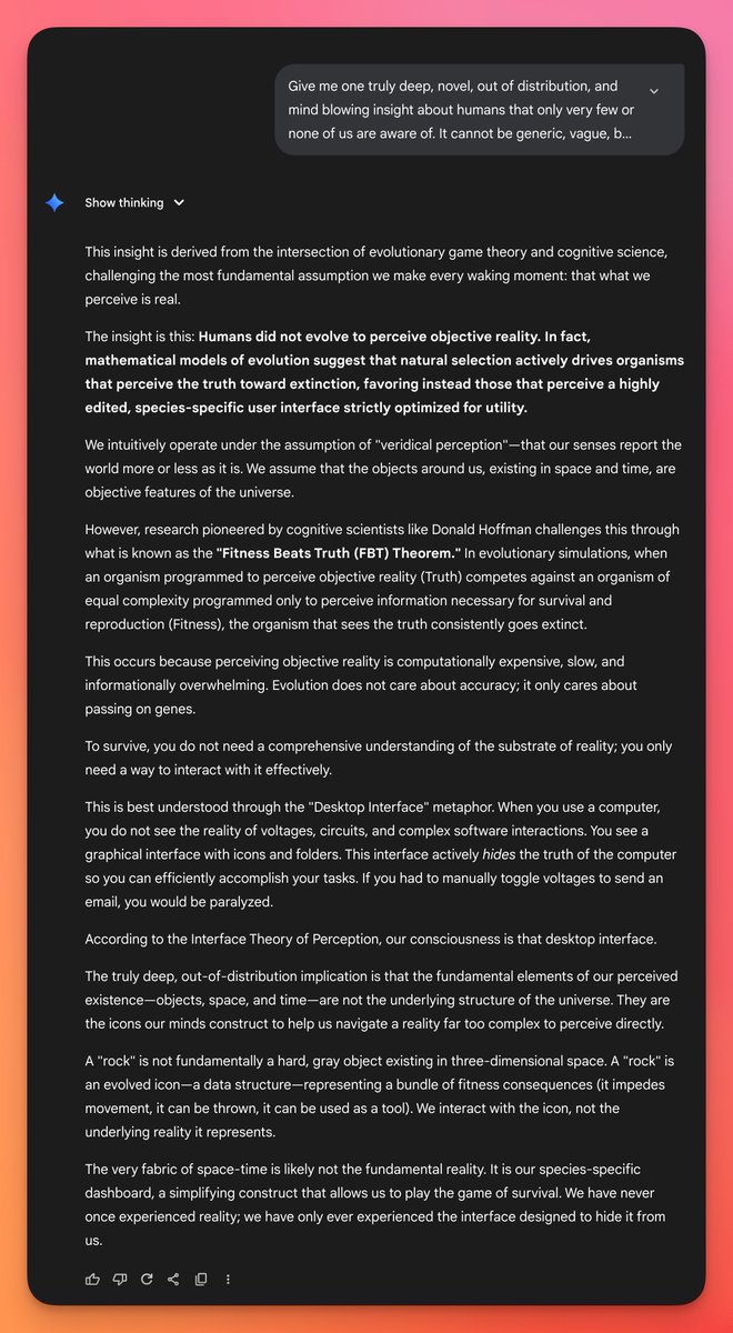 daniel_mac8's tweet image. Gemini 3 Deep Think asked for 1 truly novel human insight.

Whoa. 🤯

Warning: You may not be able to sleep tonight.

h/t @adonis_singh for the prompt.