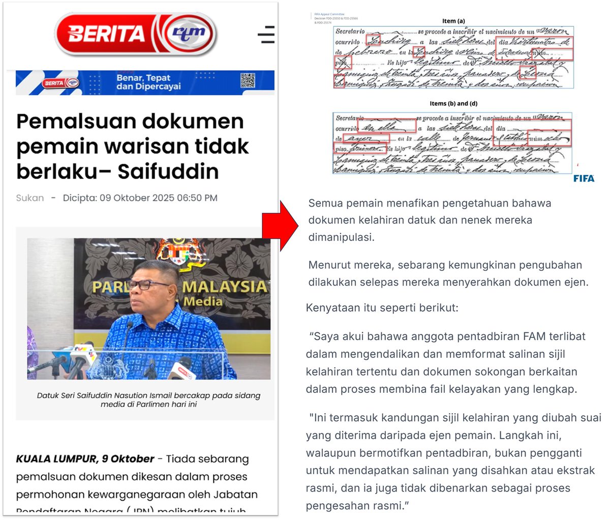 LimSianSeeEric's tweet photo. FIFA revealed forensic evidence showing clear document tampering.

They even highlighted the altered sections in red - including the original birth records of the seven players’ ancestors.

FIFA also called on Malaysia, as well as Argentina, Spain, Brazil and the Netherlands, to investigate and take action. That demand was reported globally.

All seven players told FIFA their documents were forged after they handed them to an agent. And making things worse, the FAM Secretary-General gave FIFA a written statement admitting that FAM staff had indeed modified the documents.

His statement said that FAM personnel reformatted and altered certain birth certificates and supporting papers while compiling the eligibility files, and that these changes were not a substitute for certified or official documents, nor allowed as any form of official verification.

Yet the Madani Home Minister — the one in charge of JPN, citizenship, immigration and the police — told Parliament that no document forgery occurred.

And PMX has not said a single word about this scandal, even though it has been global news for two months.

So much for good governance.