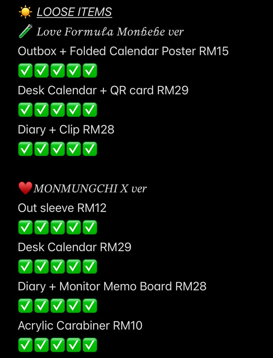 azlynalishaa's tweet photo. WTS 2026 MONSTA X SEASON'S GREETINGS [ MEMBER SET / LOOSE ITEMS / FULL SET ] 🇲🇾 help rt!

🧪 𝐿𝑜𝓋𝑒 𝐹𝑜𝓇𝓂𝓊𝓁𝒶 𝑀𝑜𝓃𝒷𝑒𝒷𝑒 𝑣𝑒𝑟
♥️𝑀𝑂𝑁𝑀𝑈𝑁𝐺𝐶𝐻𝐼 𝑋 𝑣𝑒𝑟

🥳 ALL SETS ALREADY CONFIRMED TO PROCEED

☀️Refer below, DM if you’re interested~!

#pasarmx #pasarmonstax https://t.co/pPdEMYlh6a