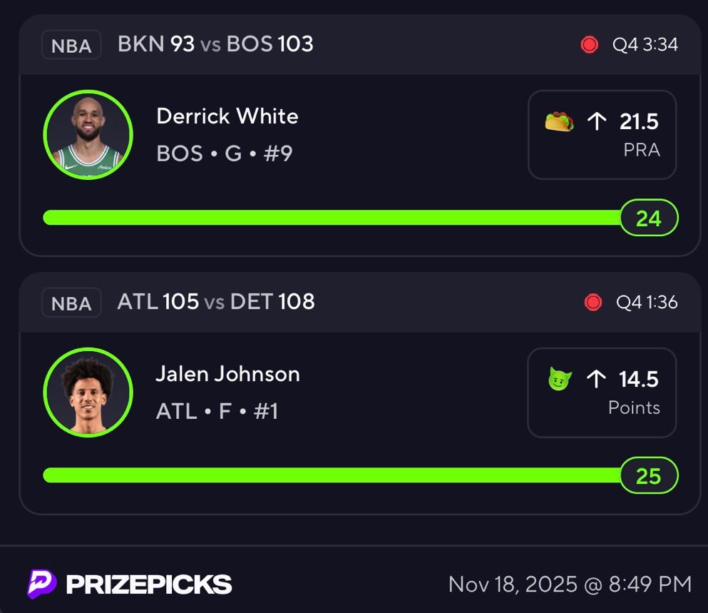 southside_bets's tweet photo. 💰 Taco Tuesday starts with a CASH 💰
D. White &amp; J. Johnson get it done early… perfect start to the slate 🔥🌮

More tacos on the board, let’s keep eating.
Join the squad 👉 https://t.co/fXqdNUVUeM
#PrizePicks #DubClub https://t.co/r1wdMkfhOU
