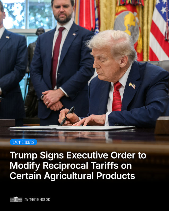 Coffee, tea, cocoa, spices, bananas, oranges, tomatoes, beef, fertilizers, &amp; more are now exempt from reciprocal tariffs in the new EO according to 
a White House post on TS. 

America First policies delivering for American workers &amp; families. 🇺🇸