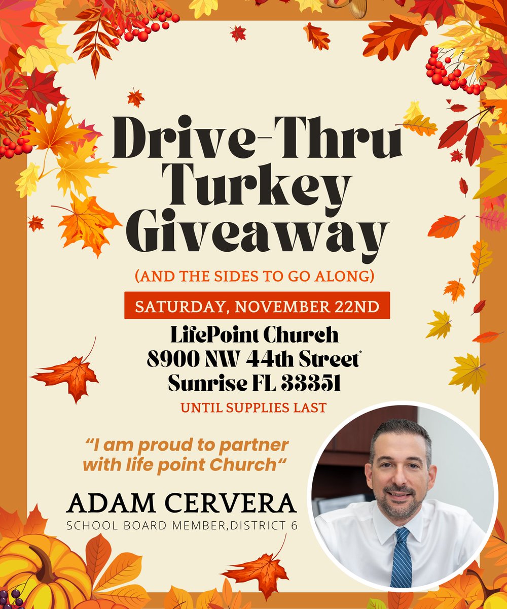 🦃 Thanksgiving Turkey Giveaway! 🎉

This holiday season I am proud to partner with LifePoint Church in Sunrise! Together we’re giving back to the community with FREE turkeys for your Thanksgiving feast!

📅 Date: November 22nd (Sat)
📍 Location: LifePoint Church
       8900 NW