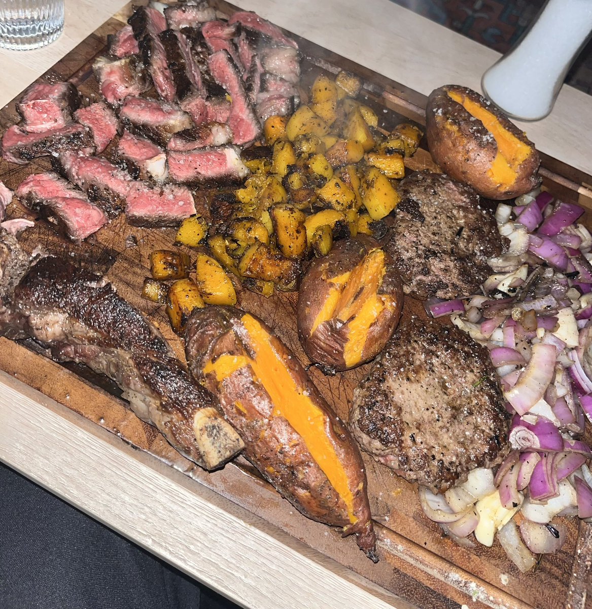 Bone in NY strip
Ground venison patties
Baked sweet potato
Roasted butternut squash
Red onion

Dinner for 2