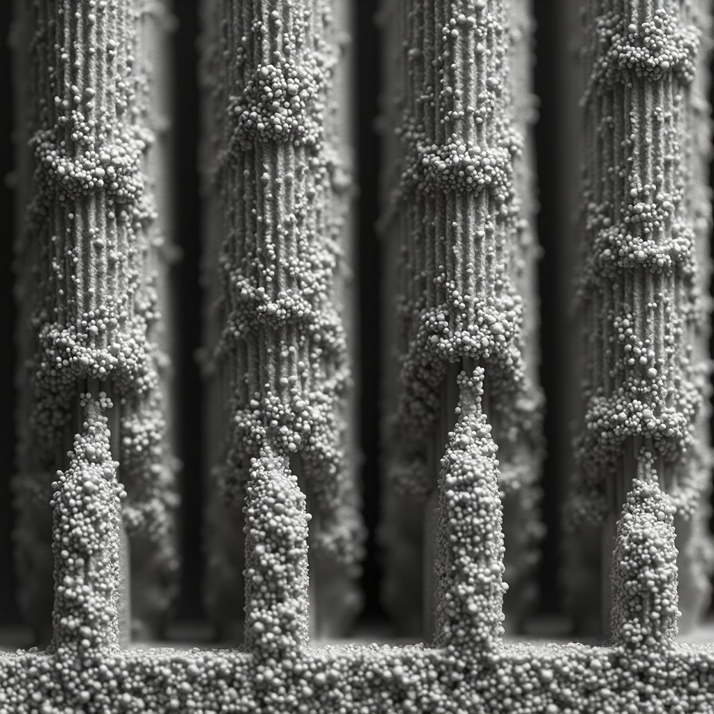 KMcTVZ's tweet image. This is a scanning electron microscope (SEM) image simulation of silicon nanopillars — tall, vertical columns of grown on a wafer, each one only about 100–200 nm in diameter and several micrometers tall @grok