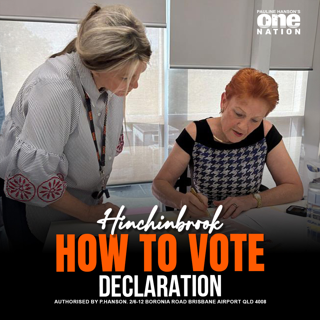 OneNationAus's tweet image. Today Senator Pauline Hanson signed the official declaration to lodge One Nation’s How to Vote cards. A proud moment, made even better with our team member Liddy Vearing on hand to witness it as a freshly minted Justice of the Peace. This was her very first signature witnessing…