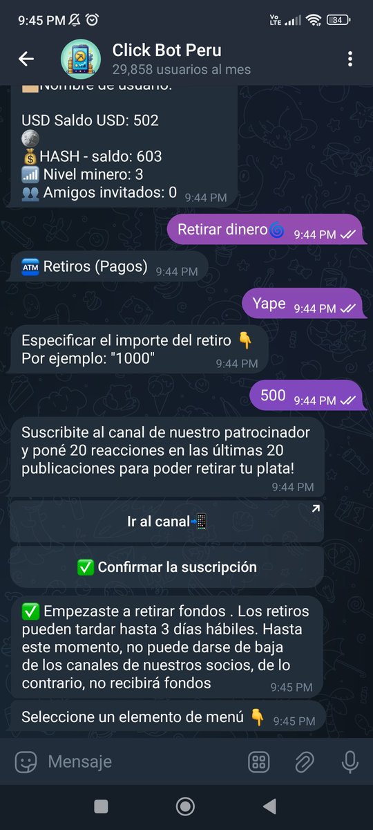 Un_random_de_X_'s tweet photo. Click Bot Peru ClickBotPeru es una estafa, tarde medio año, pedían nivel 3 de minero y clicks que están valorados en 500 dólares para retirar, al final pedirán q te suscribas al canal de su patrocinador estafa, por sus capturas de "confirmación" se nota q lo es, no pierdan tiempo https://t.co/c44NTjilUi