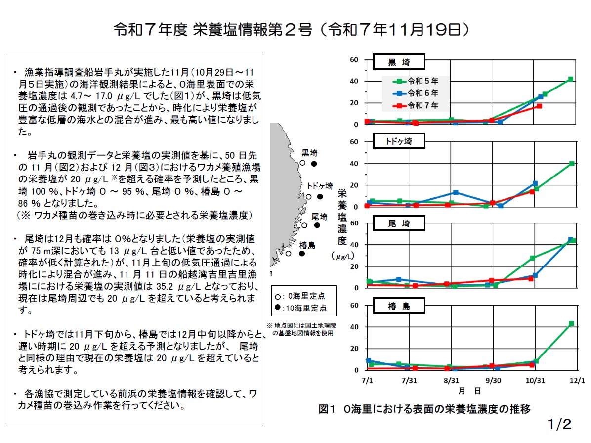 iwate_iftc's tweet image. 栄養塩情報情報第2号を発行しました。
詳しくは以下をご覧ください(漁場保全部)。

www2.suigi.pref.iwate.jp/research/20251…
