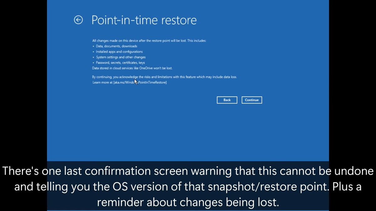 Windows 11 특정 시점 복원 기능 설명: 이 기능은 24시간마다 자동으로 스냅샷을 생성하여 72시간 동안 보관합니다. 심각한 시스템 장애 발생 시 WinRE 환경을 사용하여 신속하게 복원할 수 있습니다. 이