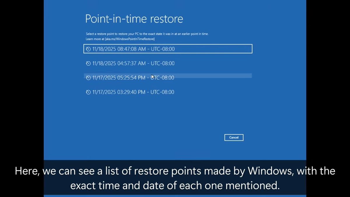 Windows 11 특정 시점 복원 기능 설명: 이 기능은 24시간마다 자동으로 스냅샷을 생성하여 72시간 동안 보관합니다. 심각한 시스템 장애 발생 시 WinRE 환경을 사용하여 신속하게 복원할 수 있습니다. 이