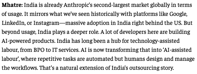 Anthropic and Mistral investor Lightspeed's take on AI in India

- Like Google or Instagram, India is the largest market in terms of users after the US. 

- With AI coming into BPO and IT services, there will be a "natural extension of India's outsourcing story"