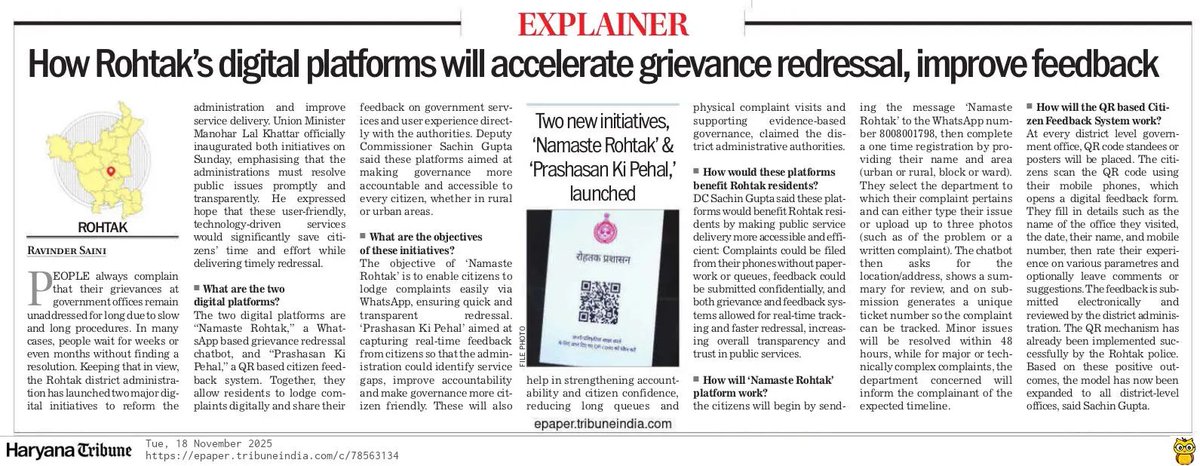 rsainiscribe's tweet image. EXPLAINER: How Rohtak’s digital platforms will accelerate grievance redressal, improve feedback  
#Haryana #AdministrativeReforms #NamasteRohtak @thetribunechd @dipro_rohtak 
tribuneindia.com/news/haryana/e…