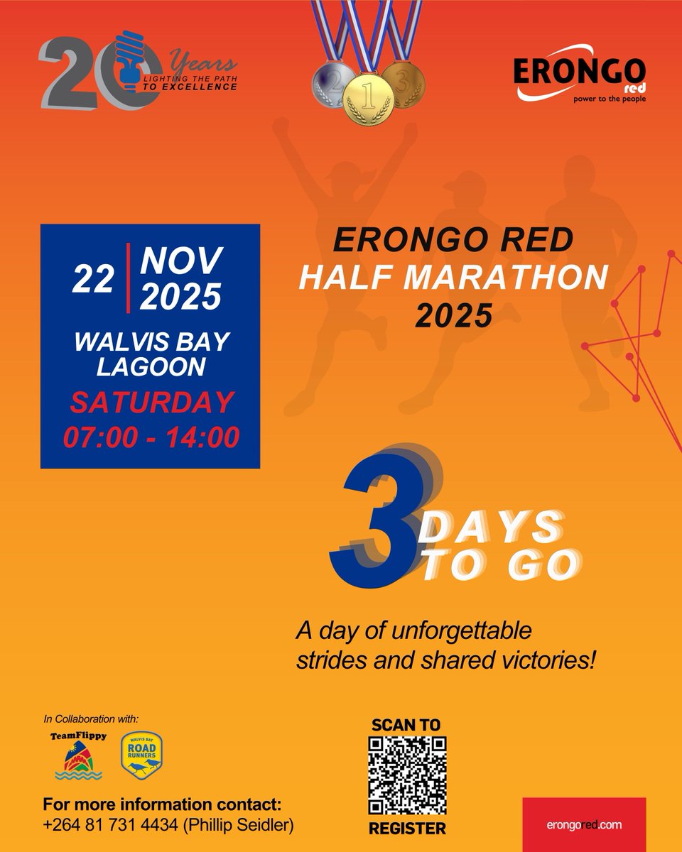 Entries for the Erongo RED Half Marathon 2025 are officially closed! 

🎉🎉A huge thank you to everyone who registered. 

Let’s make this race one to remember! 💪💪💪💪

#ErongoREDHalfMarathon2025 #WalvisBayLagoon #RunForPower #20YearsOfExcellence #SeeYouAtTheFinishLine