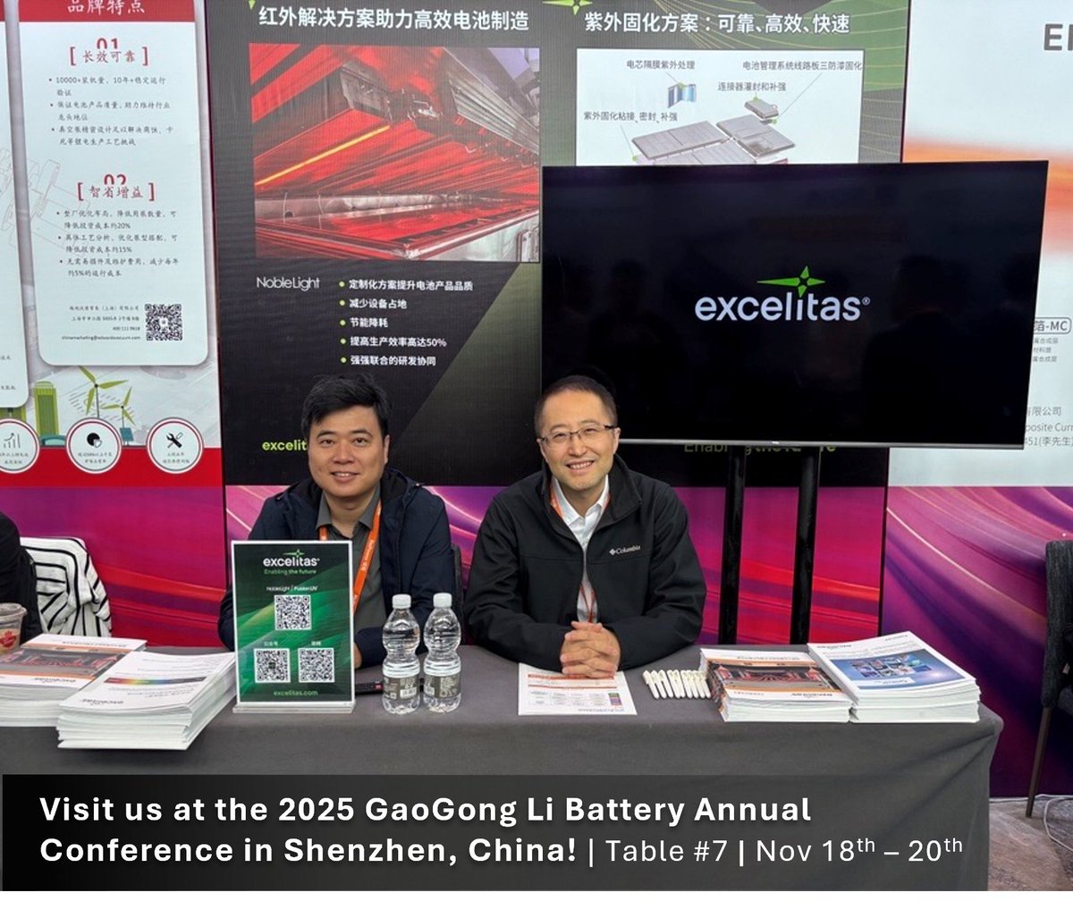 Excelitas's tweet image. Don’t miss #Excelitas at the #GaoGongLi2025 Battery Annual Conference in Shenzhen, China! 

Visit Tabletop #7 to learn how our #FusionUV &amp;amp; #Noblelight EIR solutions help achieve greater precision, efficiency &amp;amp; reliability for modern #batteryproduction. 

🔗ow.ly/NWBw50XtHUR