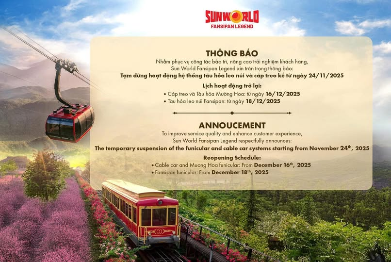 RickshawTravel's tweet photo. Dear Valued Partners and Customers Worldwide,
Kindly be noted the cable car and Muong Hoa funicular maintenance.
Suspension Dates: November 24, 2025, through December 18, 2025.
Reopening Dates:
Cable car and Muong Hoa Funicular: December 16,
Fansipan Funicular: December 18, 2025. https://t.co/5omYbPBqUK