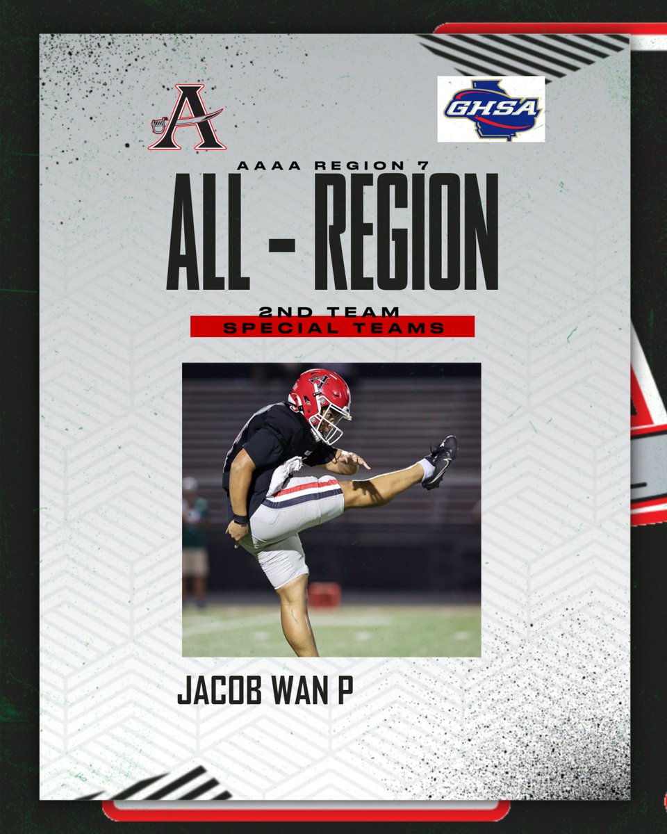 Huge Congratulations to <a href="/Jacob_Wan_/">Jacob Wan</a> on receiving 2nd Team All Region Punter!!!
<a href="/allatoona_hs/">Allatoona High</a> <a href="/toona_athletics/">Allatoona Athletics</a> <a href="/RecruitGeorgia/">Recruit Georgia</a> <a href="/NEGARecruits/">Northeast Georgia Recruits</a> <a href="/NwGaFootball/">NwGa Football</a> <a href="/RustyMansell_/">Rusty Mansell</a> @CJacksonPRZ <a href="/GAPrepVarsity/">GA Prep Varsity</a>