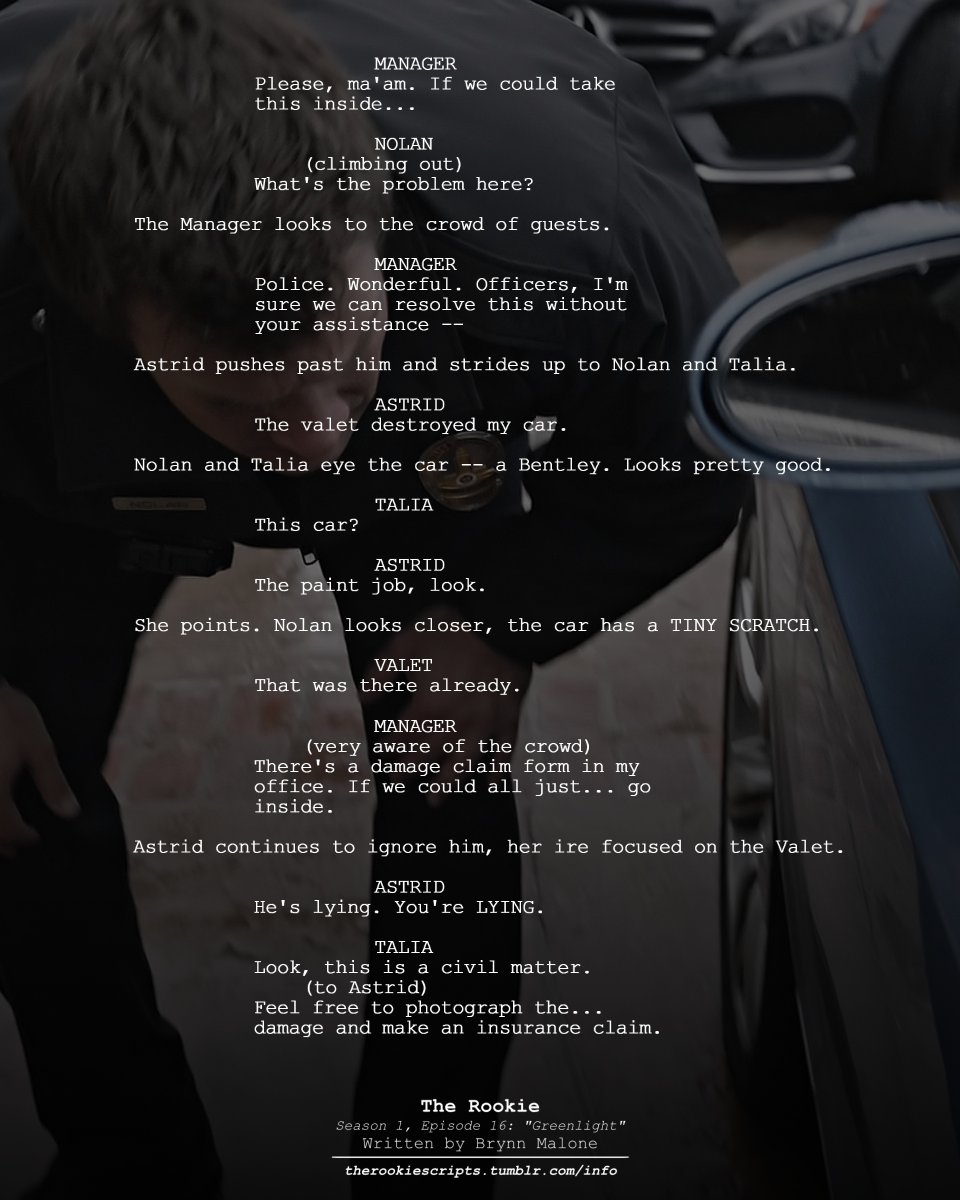 rookie_scripts's tweet image. Nolan accidentally sets off a chain of events. (Extended Scene)

— THE ROOKIE
Season 1, Episode 16: “Greenlight”
Written by Brynn Malone

#TheRookie #TheRookieScripts