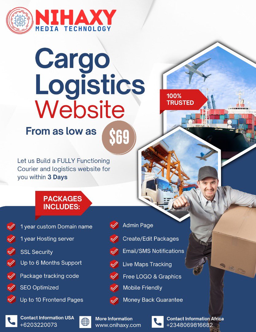 Onihaxy's tweet photo. Own a fully functional cargo, courier and logistics website with package tracking features from as low as $69 including hosting and domain #WebDevelopment #LogisticsJobs #Nigeria #UnitedStates #NickiMinaj https://t.co/wqTcaA3cwc