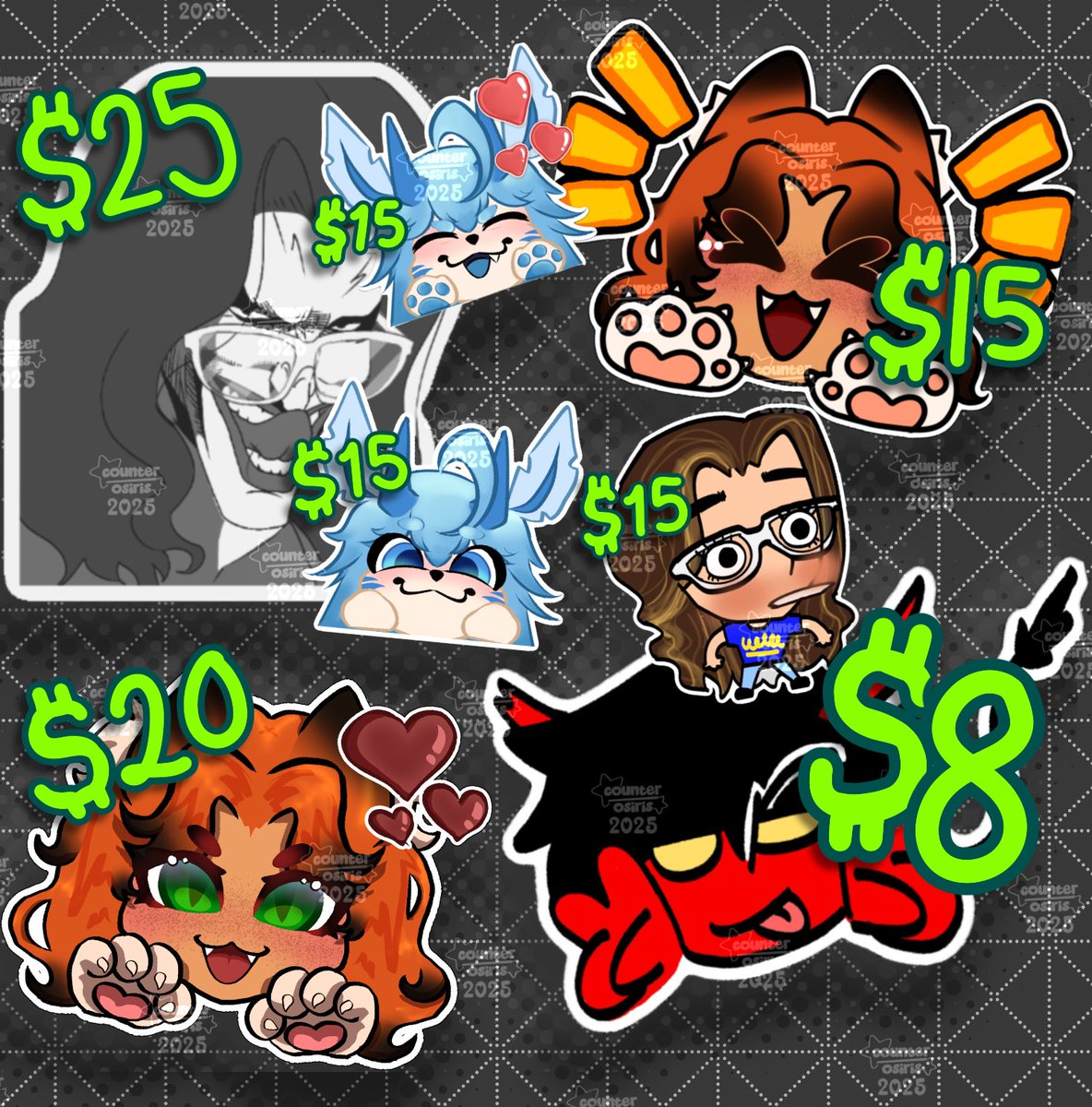 counter_osiris's tweet image. Opening sticker commissions!
Dm me here or anywhere
(counter_osiris on all platforms)
Feel free to choose from any style shown or come up with similar styles of your own for me to create! (Prices will vary in style as below)
#stickersheet #procreateart #opencomms #upcomingartist