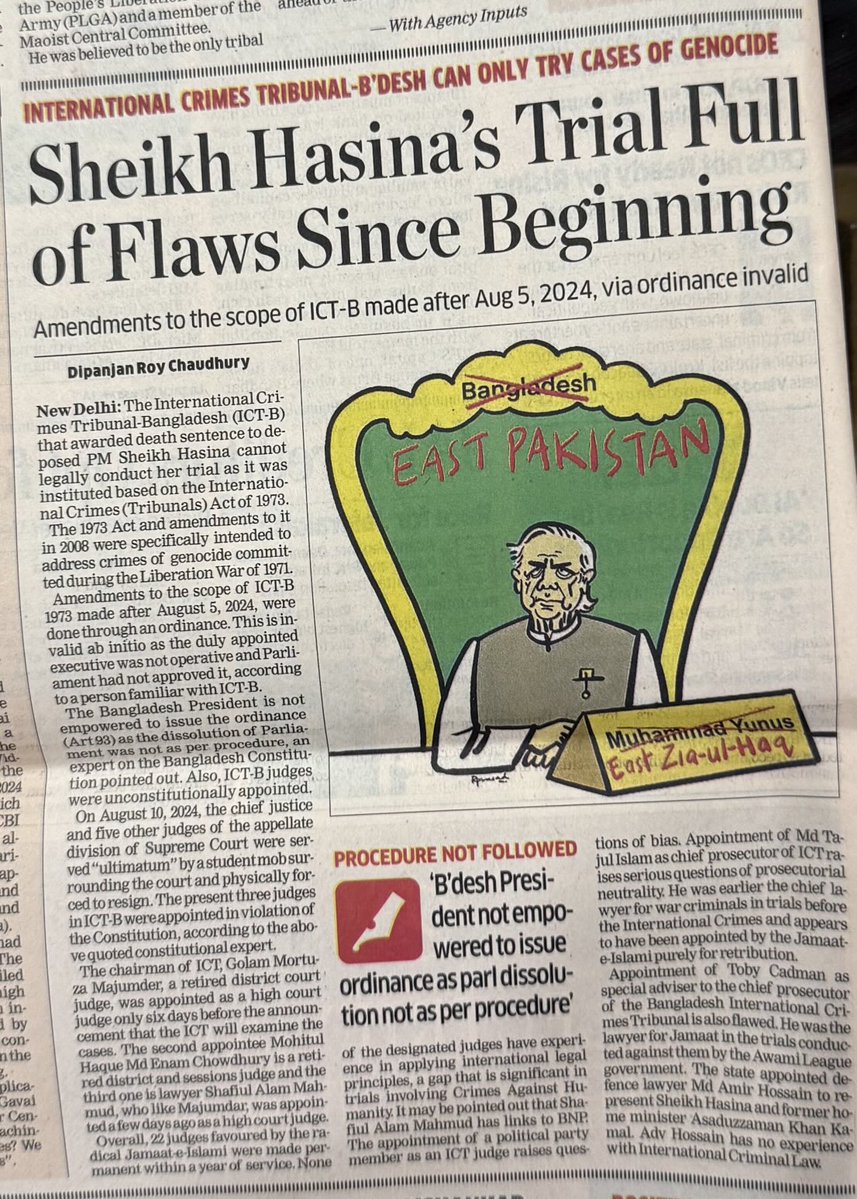 DipanjanET's tweet image. I write how kangaroo trial against Sheikh Hasina is flawed and lopsided from the beginning.  The International Crimes Tribunal-Bangladesh that awarded death sentence to deposed PM cannot legally conduct her trial as it is meant to address 1971 genocide crimes @ETPolitics⁩