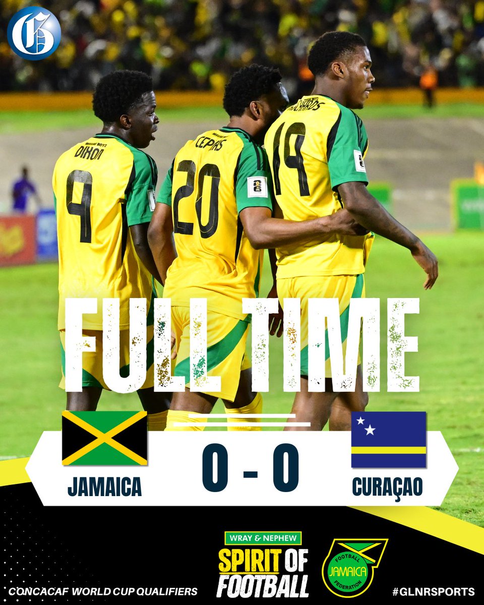 JamaicaGleaner's tweet photo. Jamaica fail to advance from Group H of the Concacaf World Cup Qualifiers following a goalless draw with Curacao at the National Stadium in St Andrew. Curacao tops the group with 12 points, while Jamaica finishes with 11. #GLNRSports https://t.co/sMyiw4EE2C