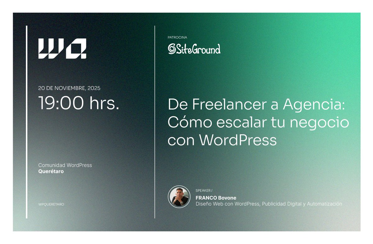 Freelance vs. Dueño de Agencia.

La diferencia no es trabajar más, es trabajar mejor y con equipo. En 3 DÍAS, Franco Bovone nos cuenta cómo.

¡Escalar tu negocio con #WordPress! 🚀

Sigue la charla aquí:
🔗 youtube.com/@WordPressQuer…

#WPQuerétaro #Emprendimiento #GrowthHacking